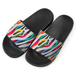 Colorful Zebra Pattern Print Black Slide Sandals