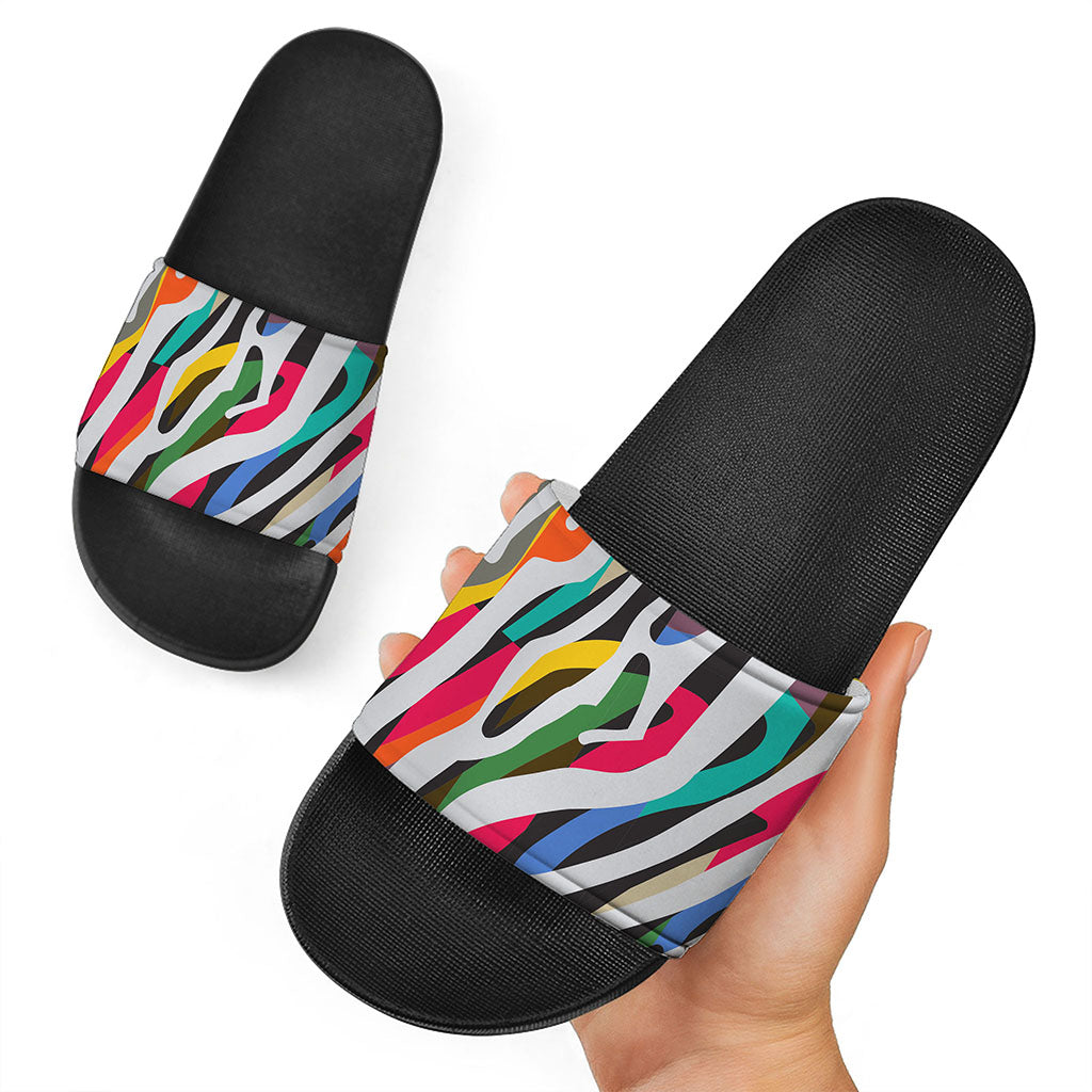 Colorful Zebra Pattern Print Black Slide Sandals