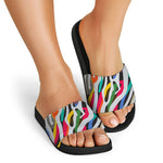 Colorful Zebra Pattern Print Black Slide Sandals