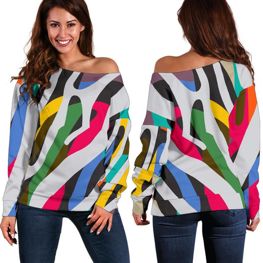 Colorful Zebra Pattern Print Off Shoulder Sweatshirt GearFrost