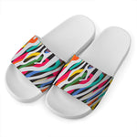 Colorful Zebra Pattern Print White Slide Sandals