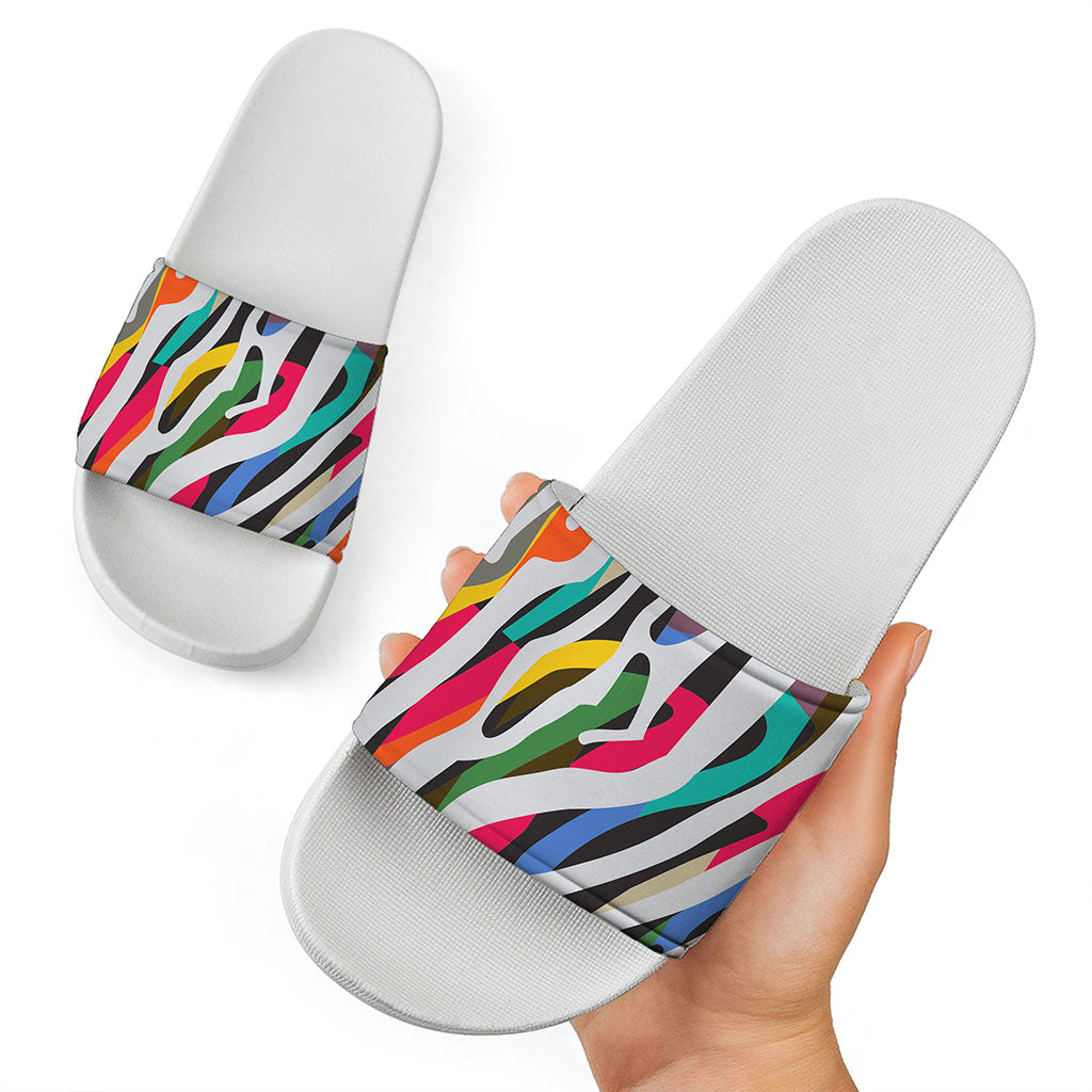 Colorful Zebra Pattern Print White Slide Sandals