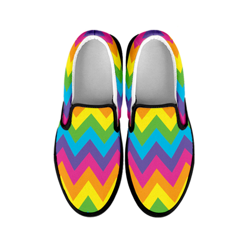 Colorful Zigzag Pattern Print Black Slip On Shoes