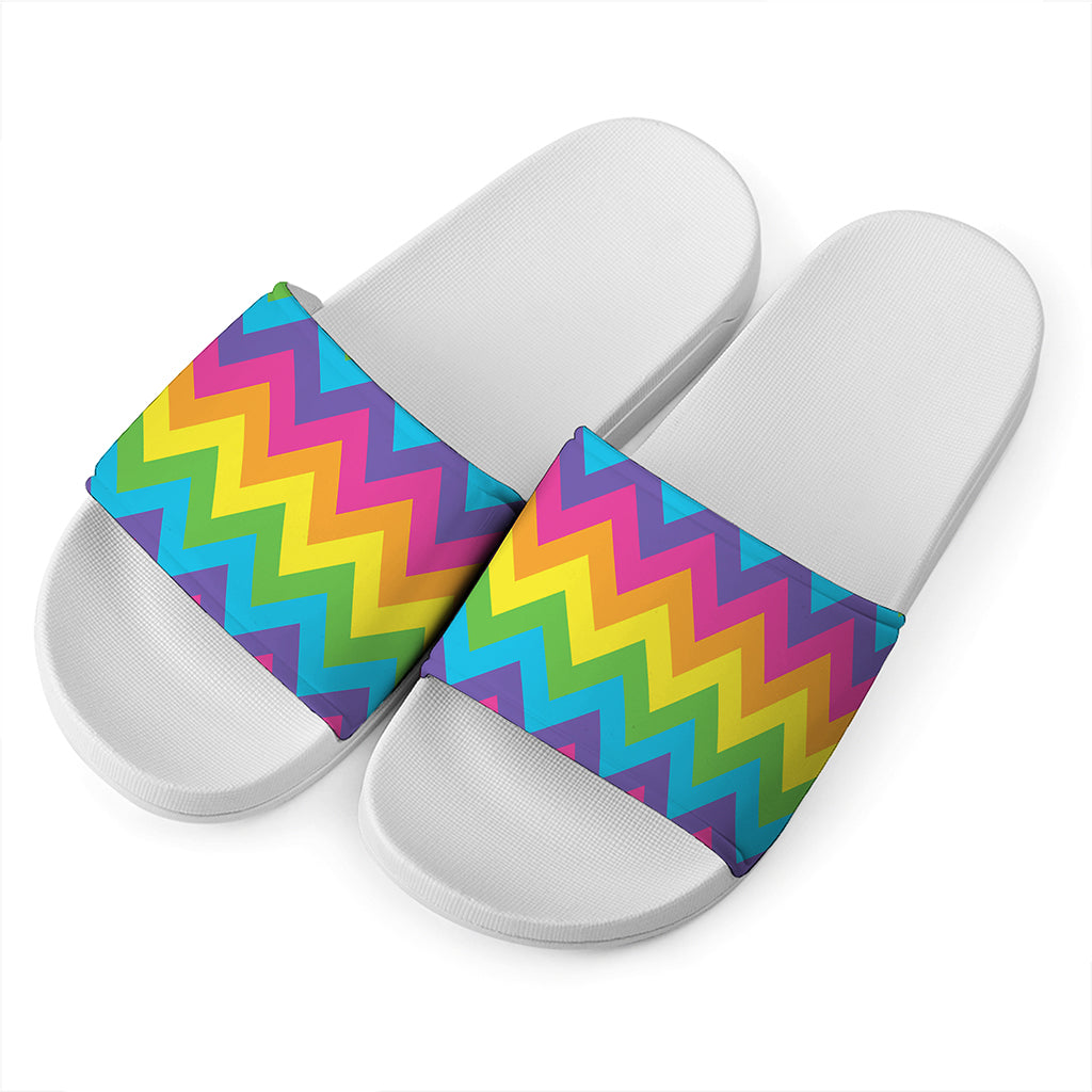 Colorful Zigzag Pattern Print White Slide Sandals