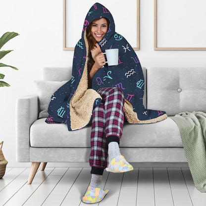 Colorful Zodiac Symbols Pattern Print Hooded Blanket