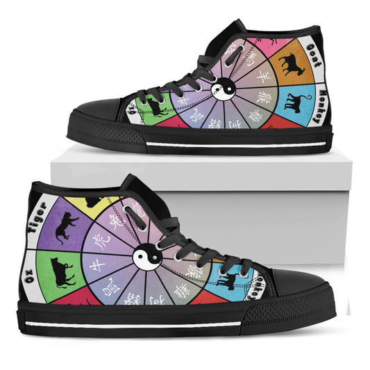 Colourful Chinese Zodiac Wheel Print Black High Top Shoes