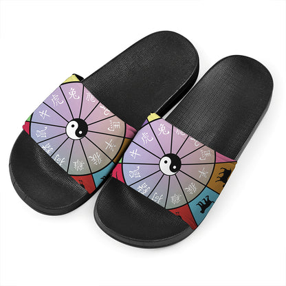 Colourful Chinese Zodiac Wheel Print Black Slide Sandals