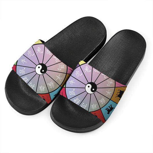 Colourful Chinese Zodiac Wheel Print Black Slide Sandals