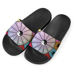 Colourful Chinese Zodiac Wheel Print Black Slide Sandals