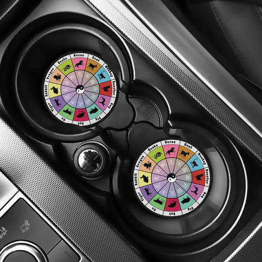 Colourful Chinese Zodiac Wheel Print Car Coasters