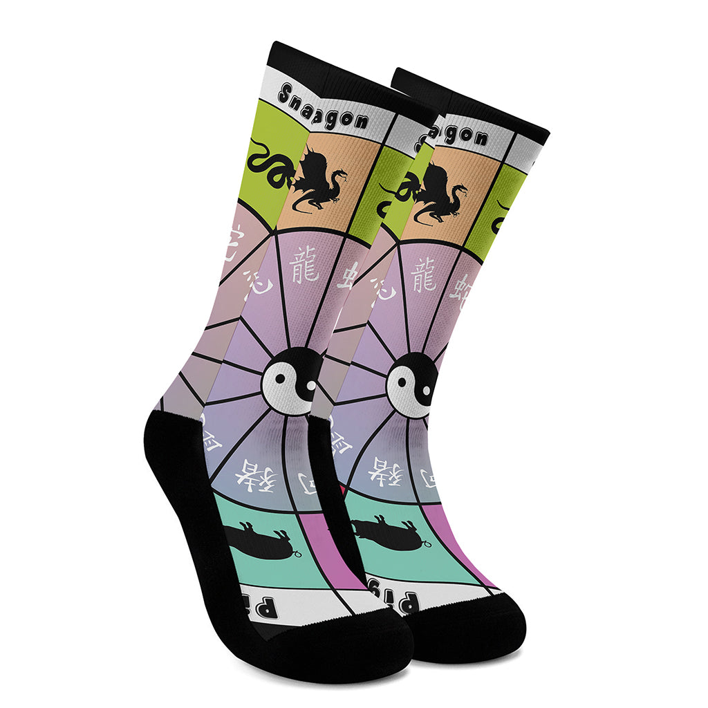 Colourful Chinese Zodiac Wheel Print Crew Socks