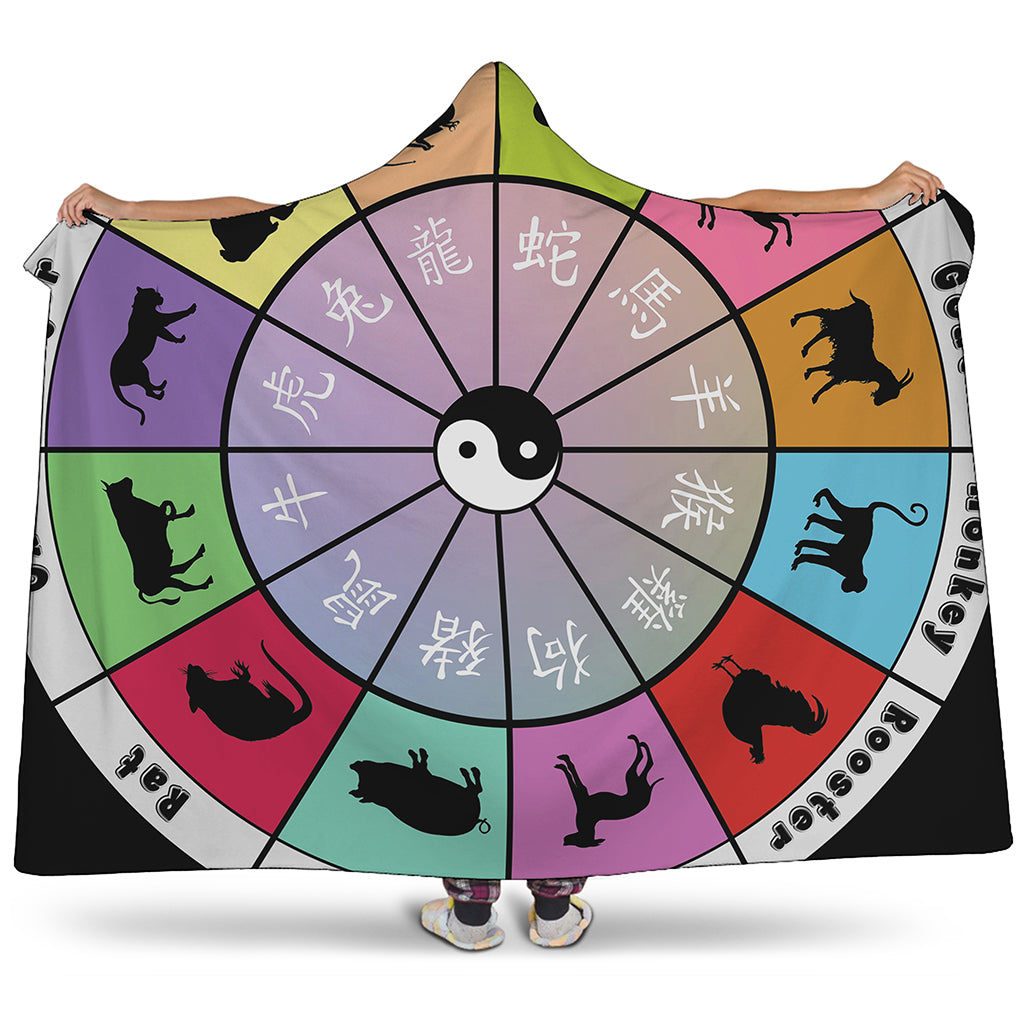 Colourful Chinese Zodiac Wheel Print Hooded Blanket