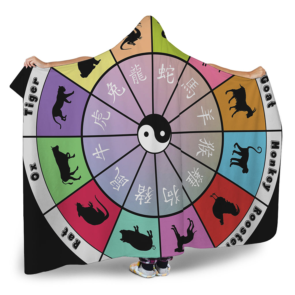 Colourful Chinese Zodiac Wheel Print Hooded Blanket
