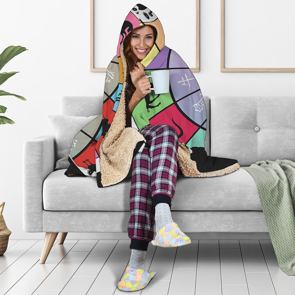 Colourful Chinese Zodiac Wheel Print Hooded Blanket