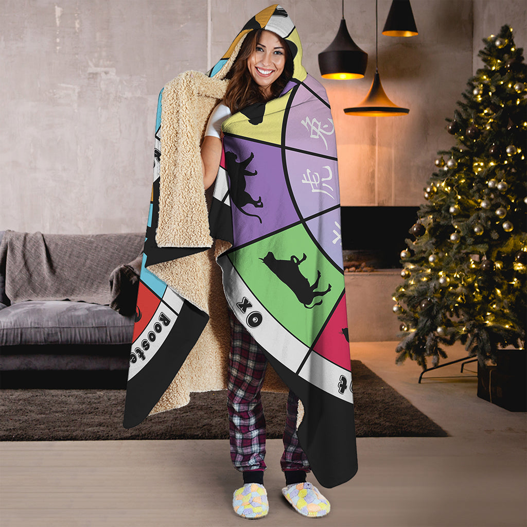 Colourful Chinese Zodiac Wheel Print Hooded Blanket