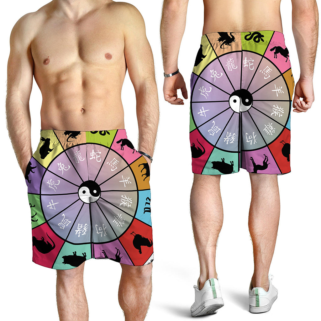 Colourful Chinese Zodiac Wheel Print Men's Shorts