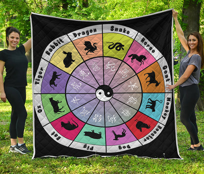 Colourful Chinese Zodiac Wheel Print Quilt