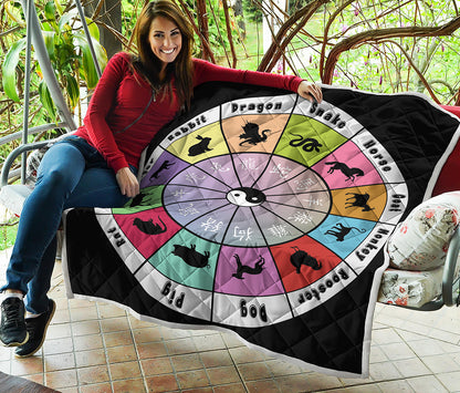 Colourful Chinese Zodiac Wheel Print Quilt