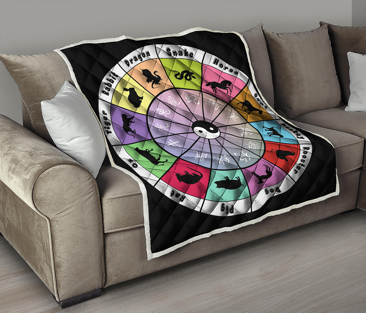 Colourful Chinese Zodiac Wheel Print Quilt