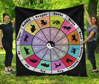 Colourful Chinese Zodiac Wheel Print Quilt