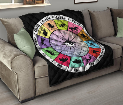 Colourful Chinese Zodiac Wheel Print Quilt