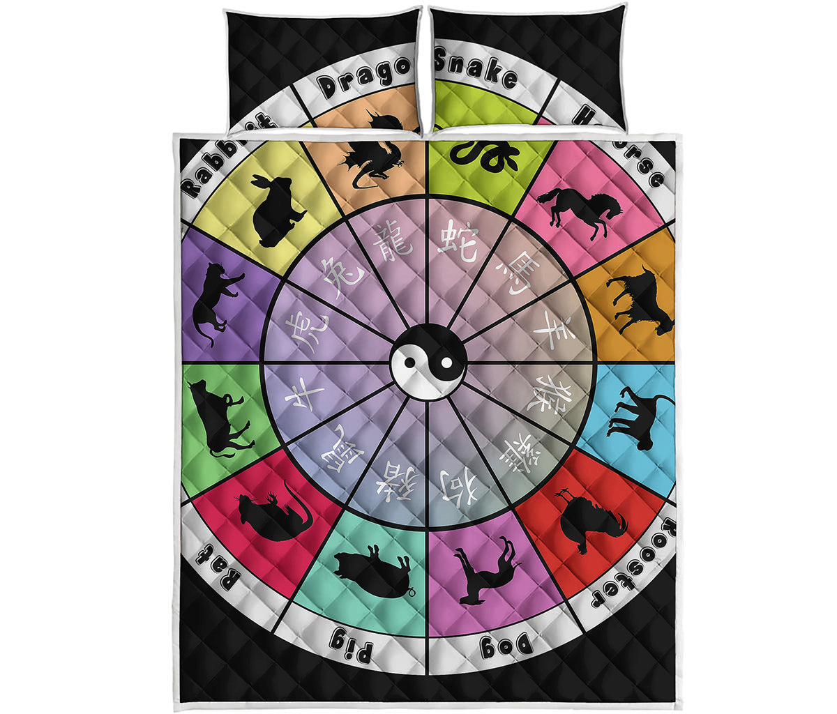 Colourful Chinese Zodiac Wheel Print Quilt Bed Set