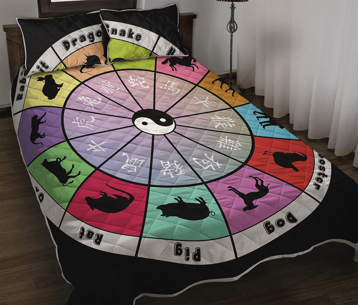 Colourful Chinese Zodiac Wheel Print Quilt Bed Set