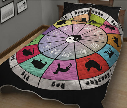 Colourful Chinese Zodiac Wheel Print Quilt Bed Set