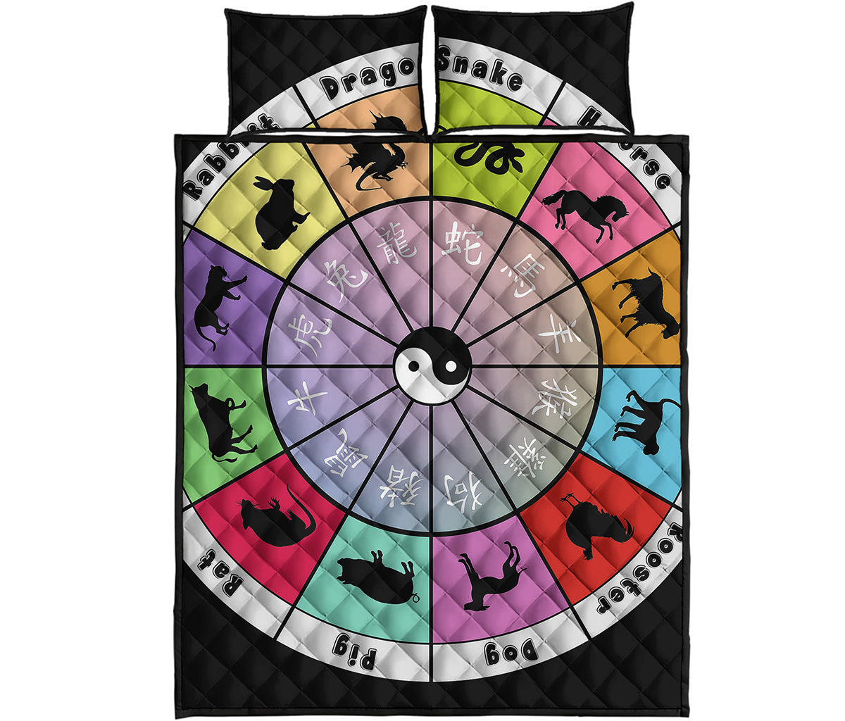 Colourful Chinese Zodiac Wheel Print Quilt Bed Set