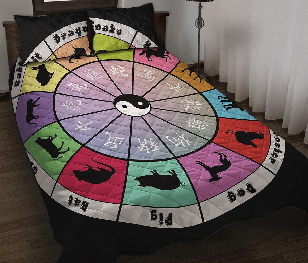 Colourful Chinese Zodiac Wheel Print Quilt Bed Set