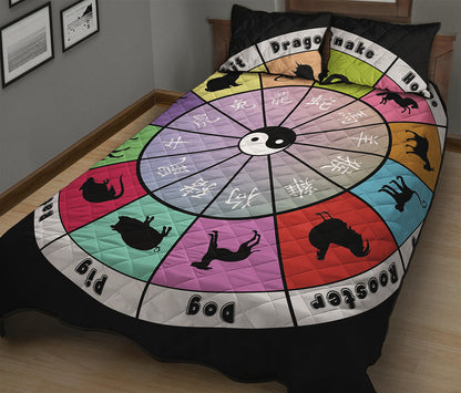Colourful Chinese Zodiac Wheel Print Quilt Bed Set
