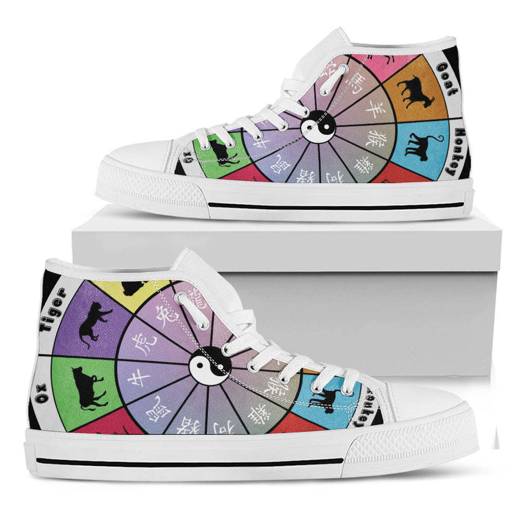 Colourful Chinese Zodiac Wheel Print White High Top Shoes