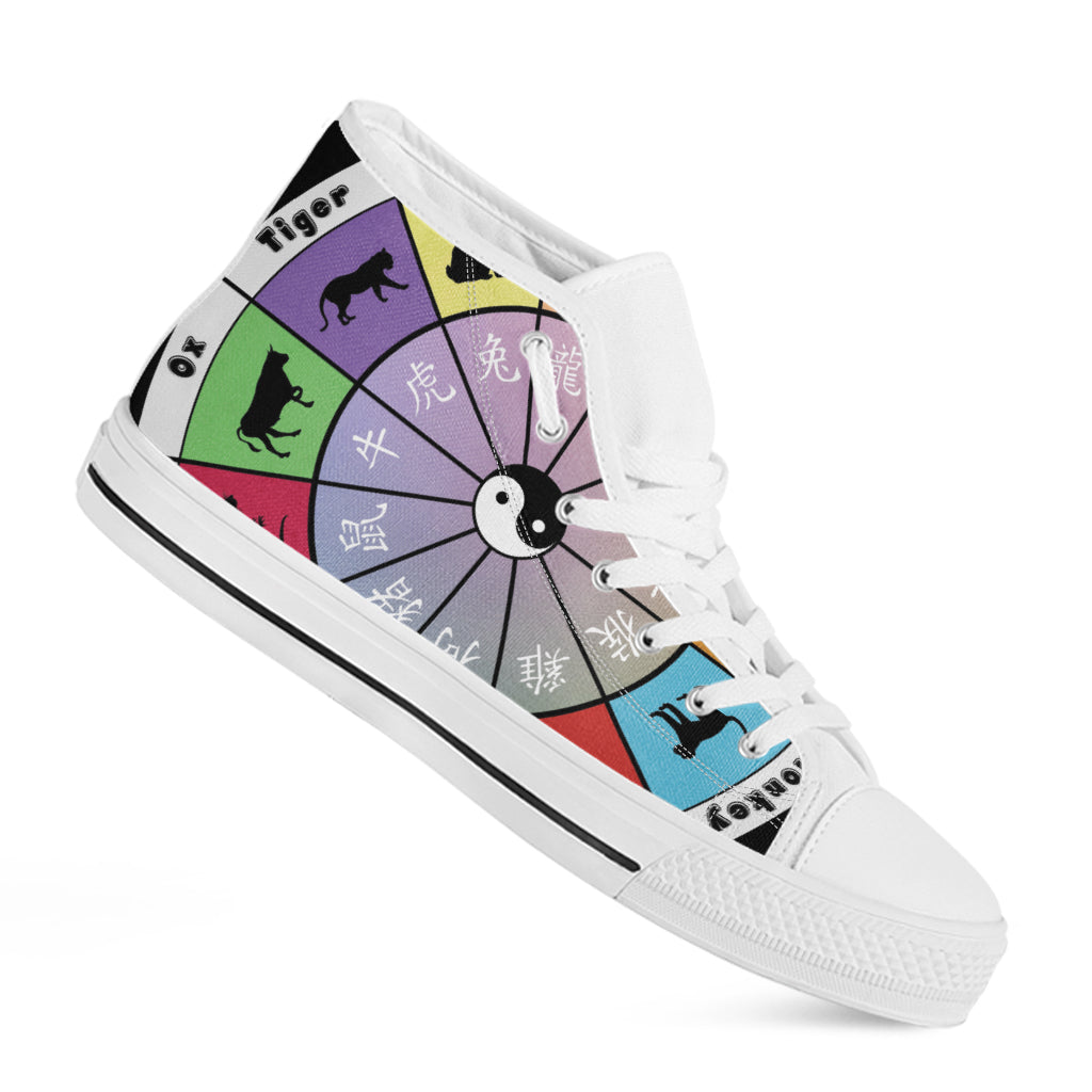 Colourful Chinese Zodiac Wheel Print White High Top Shoes