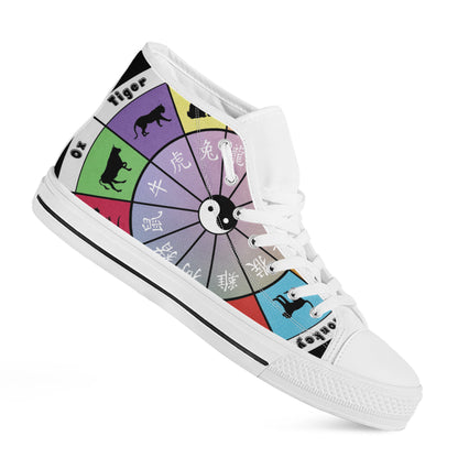 Colourful Chinese Zodiac Wheel Print White High Top Shoes
