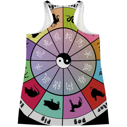 Colourful Chinese Zodiac Wheel Print Women's Racerback Tank Top