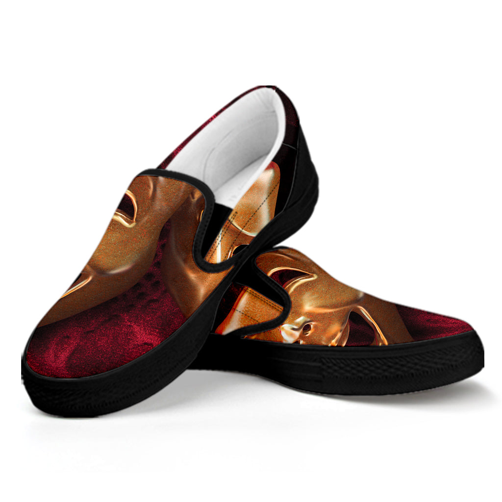 Comedy And Tragedy Theater Masks Print Black Slip On Shoes