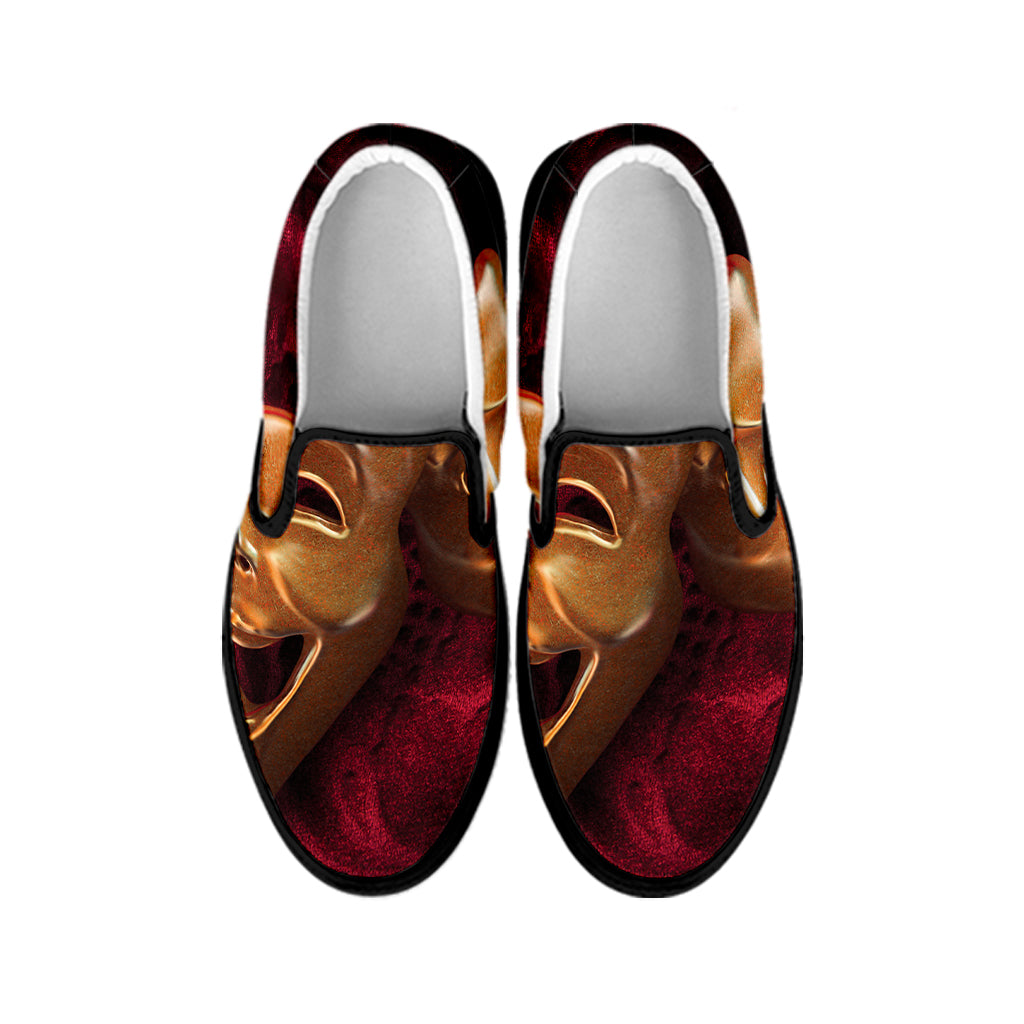 Comedy And Tragedy Theater Masks Print Black Slip On Shoes