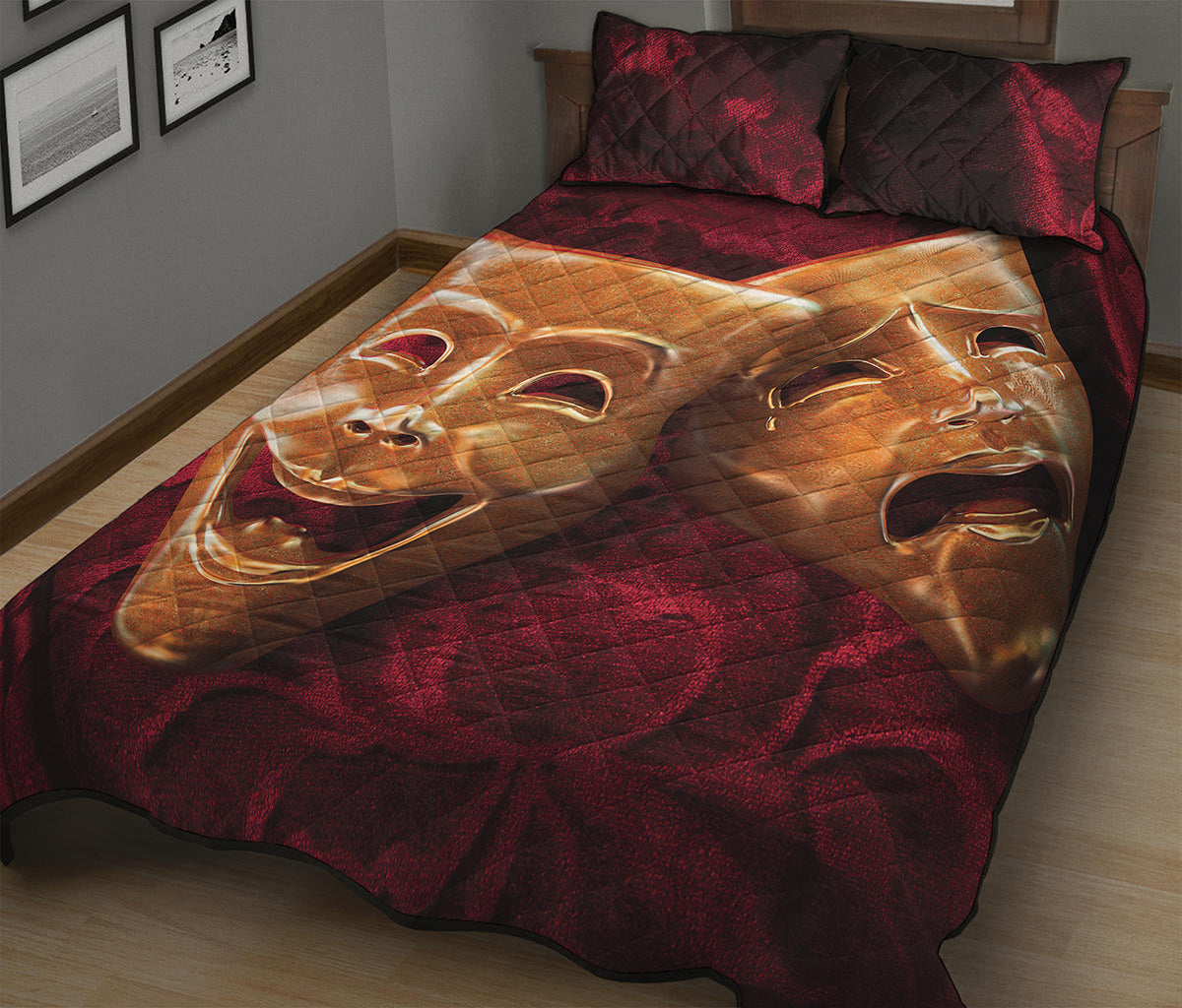 Comedy And Tragedy Theater Masks Print Quilt Bed Set