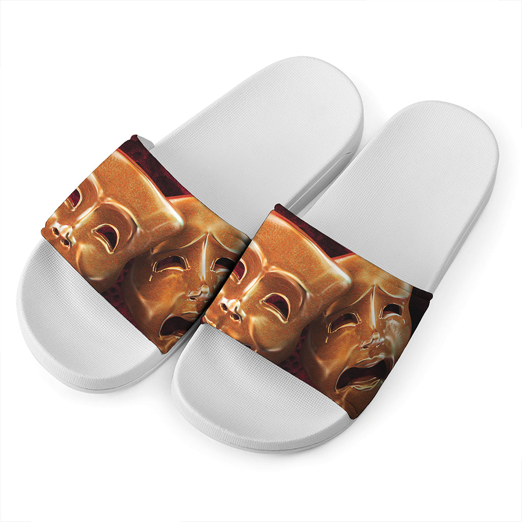 Comedy And Tragedy Theater Masks Print White Slide Sandals