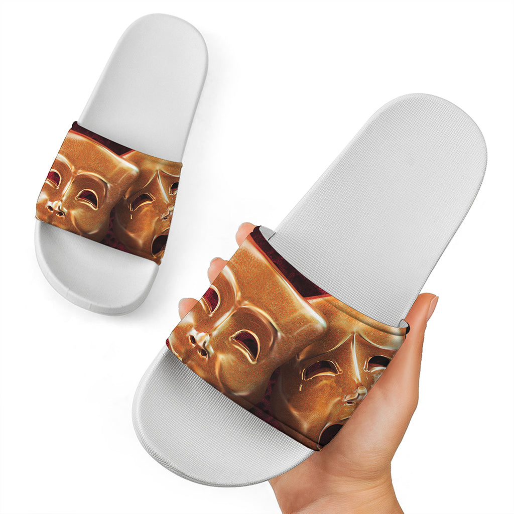 Comedy And Tragedy Theater Masks Print White Slide Sandals