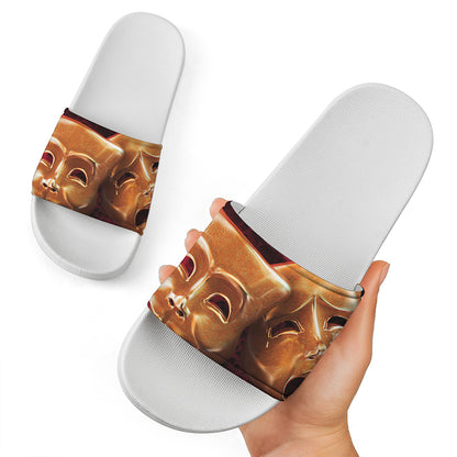 Comedy And Tragedy Theater Masks Print White Slide Sandals
