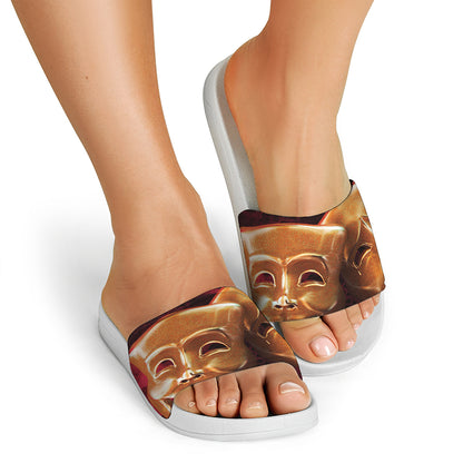 Comedy And Tragedy Theater Masks Print White Slide Sandals