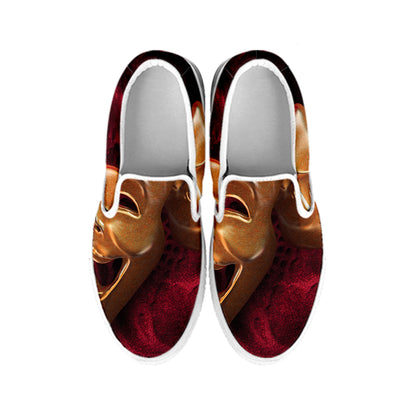 Comedy And Tragedy Theater Masks Print White Slip On Shoes