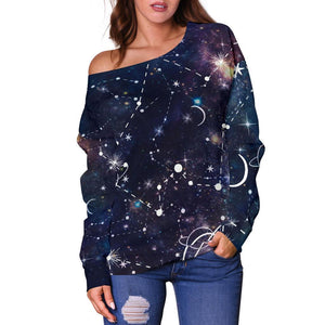 Constellation Galaxy Space Print Off Shoulder Sweatshirt GearFrost