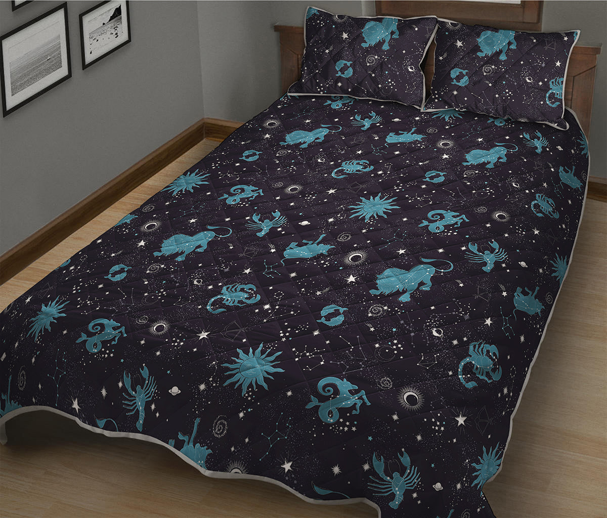 Constellation Zodiac Signs Pattern Print Quilt Bed Set