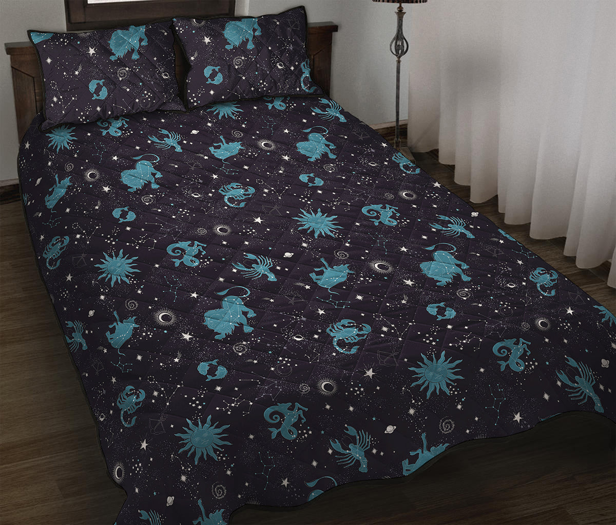 Constellation Zodiac Signs Pattern Print Quilt Bed Set