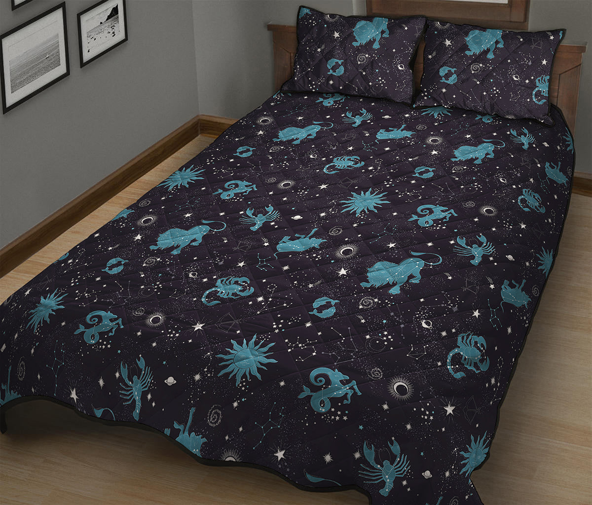 Constellation Zodiac Signs Pattern Print Quilt Bed Set