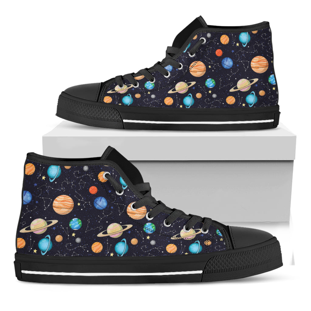 Constellations And Planets Pattern Print Black High Top Shoes