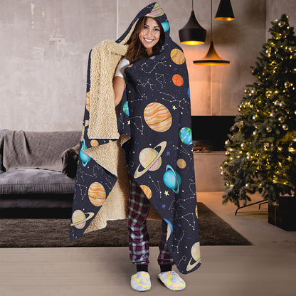 Constellations And Planets Pattern Print Hooded Blanket