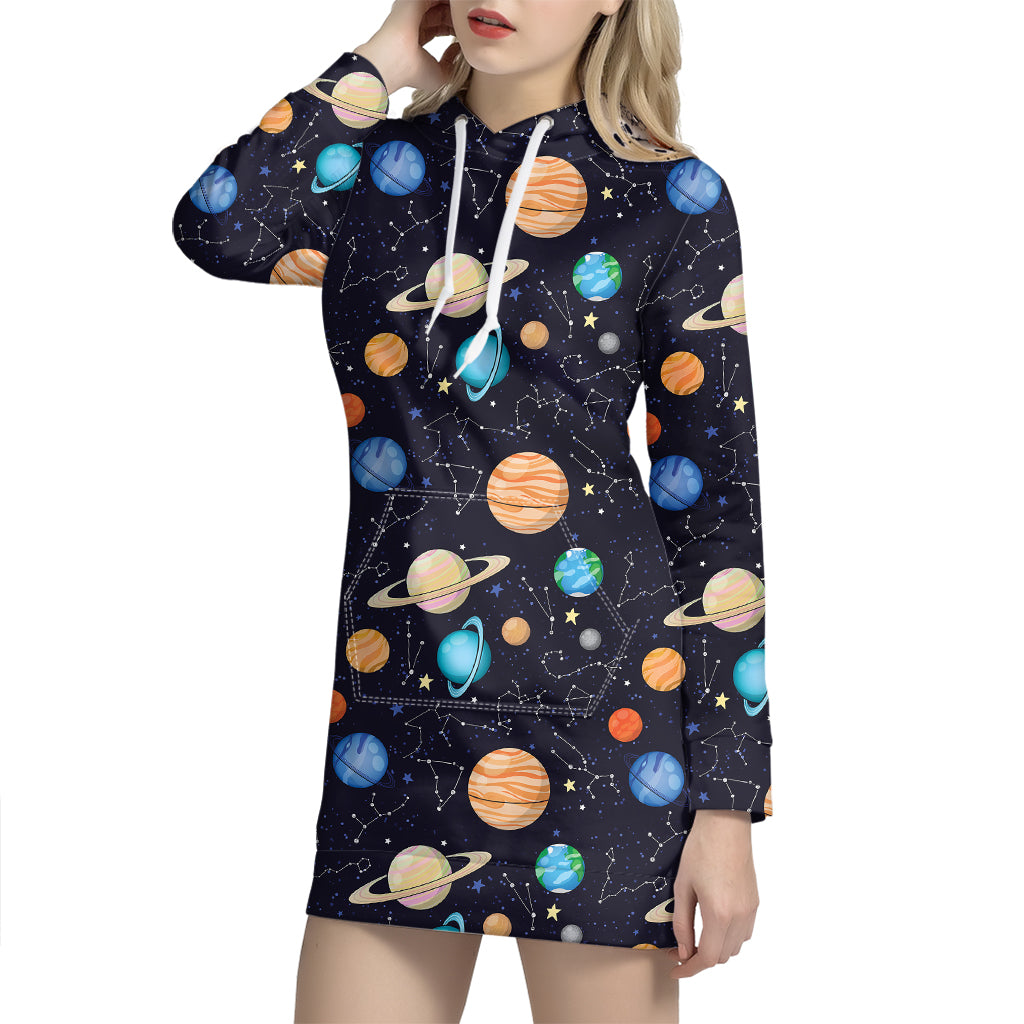 Constellations And Planets Pattern Print Hoodie Dress